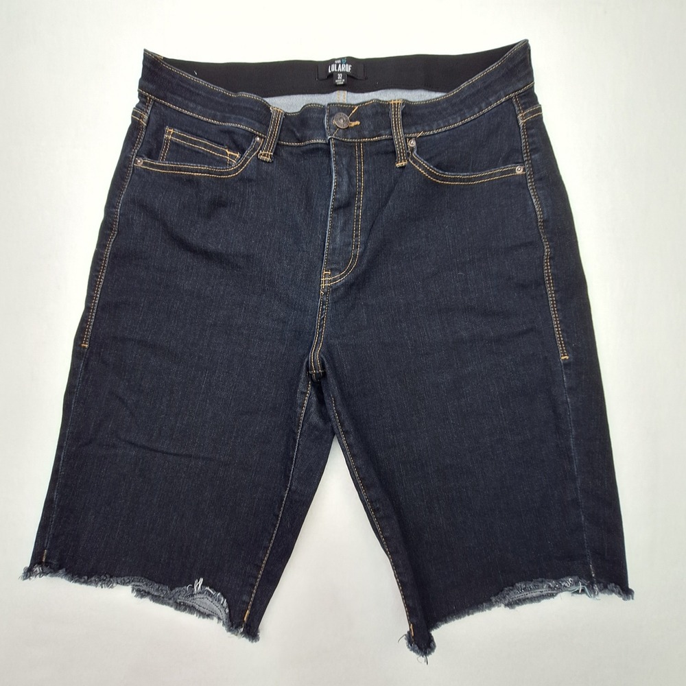 LuLaRoe Denim Shorts Womens Large Waist 32 Dark Wash Raw Hem Bermuda Stretch